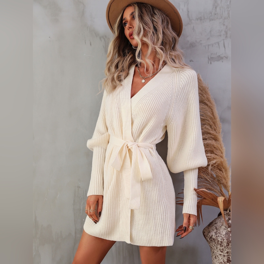 Belted Surplice Lantern Sleeve Wrap Sweater Dress - Picture 2 of 4